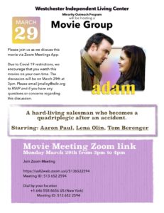 Flyer for Movie discussion on Adam shows a man and woman talking